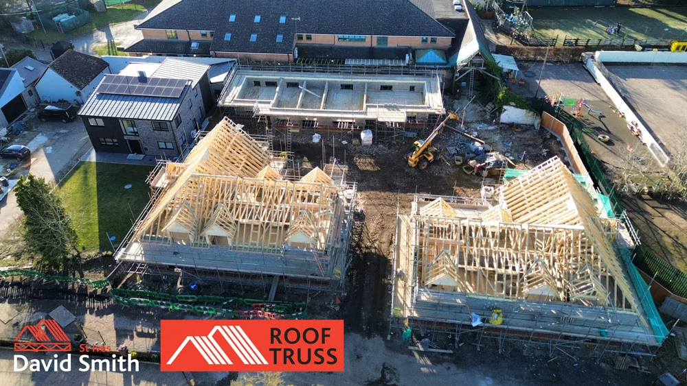 Ariel view of roof trusses on building site