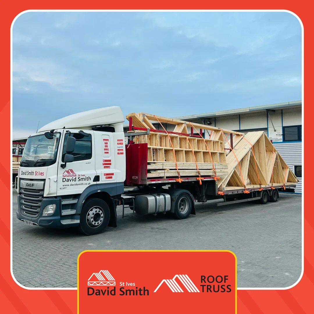 Roof trusses on back of flat bed lorry